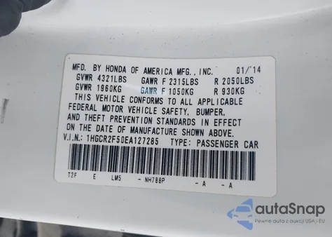 2014 Honda Accord Sport z USA, uszkodzony, nr VIN 1HGCR2F50EA127285